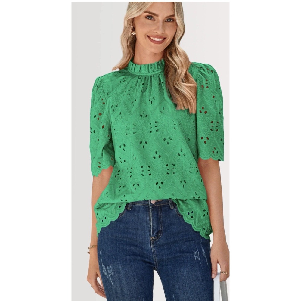 Pretty garden Kelly green eyelet lace Puff Sleeve top Blouse Sz-M cottagecore